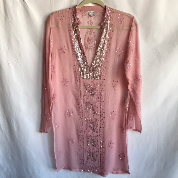 Pia Hallstrom pink semi-sheer tunic with silver sequins, size M - Picture 1 of 15